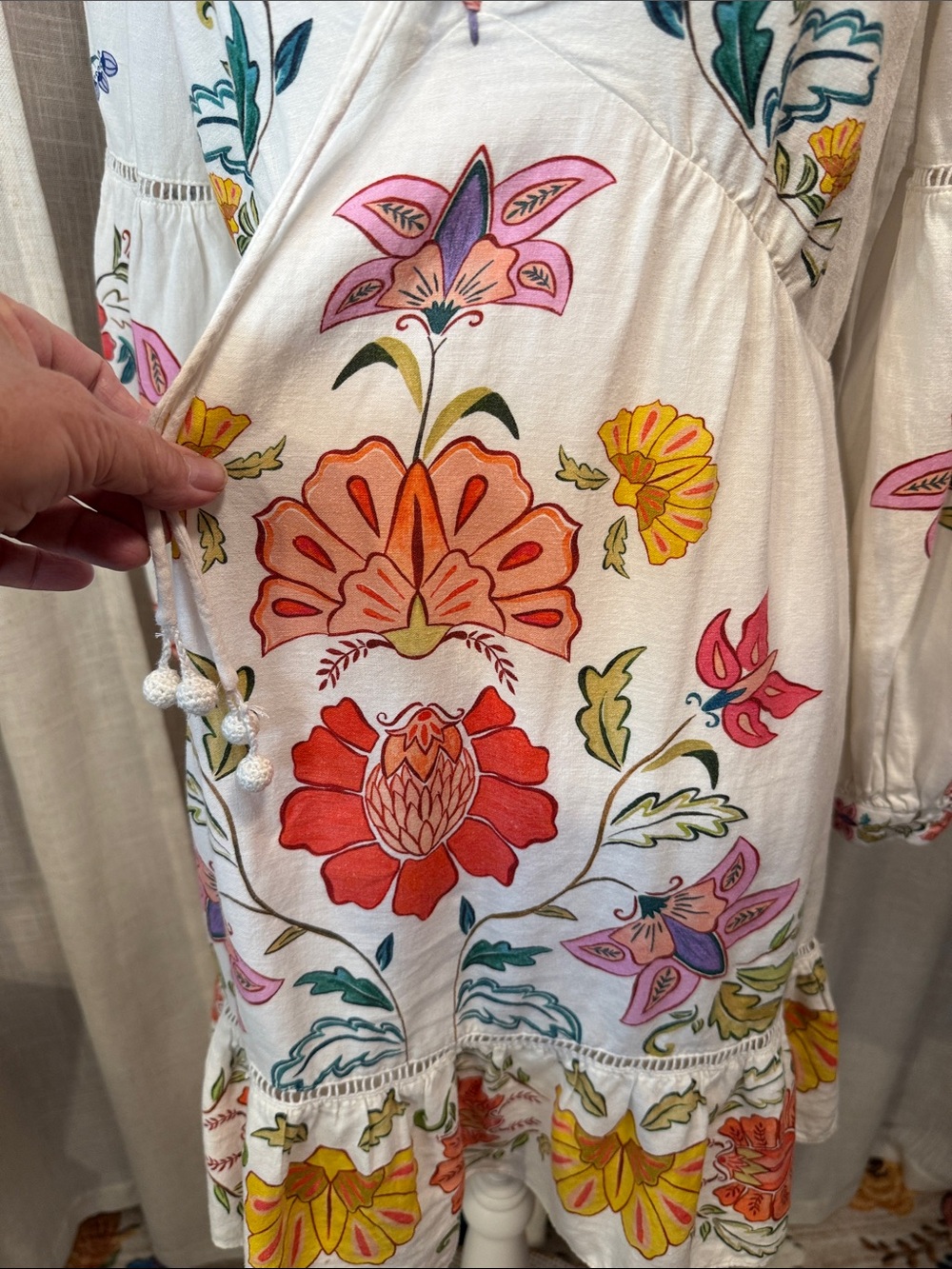 FARM Rio Floral Mini Dress Boho Long Sleeve Tassel Tie Size Small - Picture 3 of 16